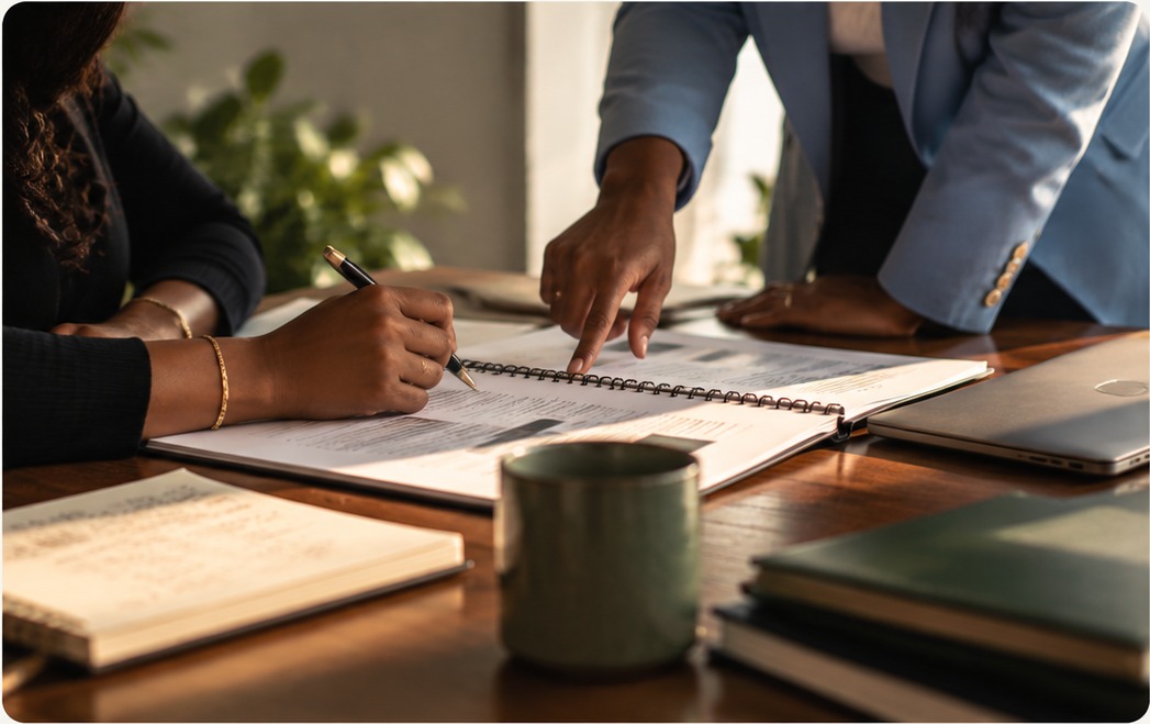Two colleagues reviewing a plan together in a notebook, one writing, the other pointing to a line on the page, warm natural light on a wooden desk.