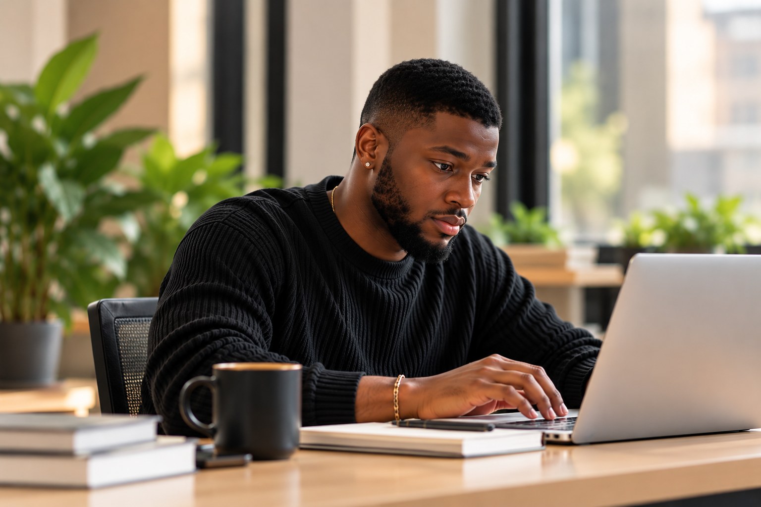 A man in a black sweater works at his laptop, taking notes beside a notebook and coffee in a bright office with plants and city windows behind him.