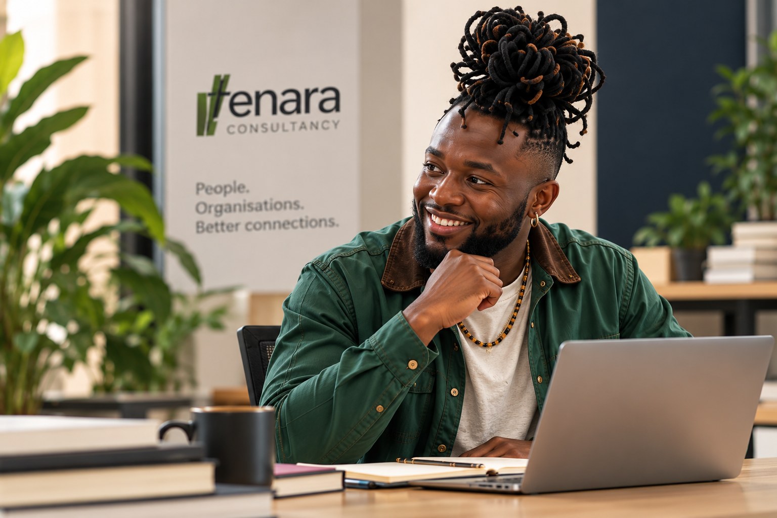 A smiling man in a green jacket sits at his laptop in a bright, plant-filled office.